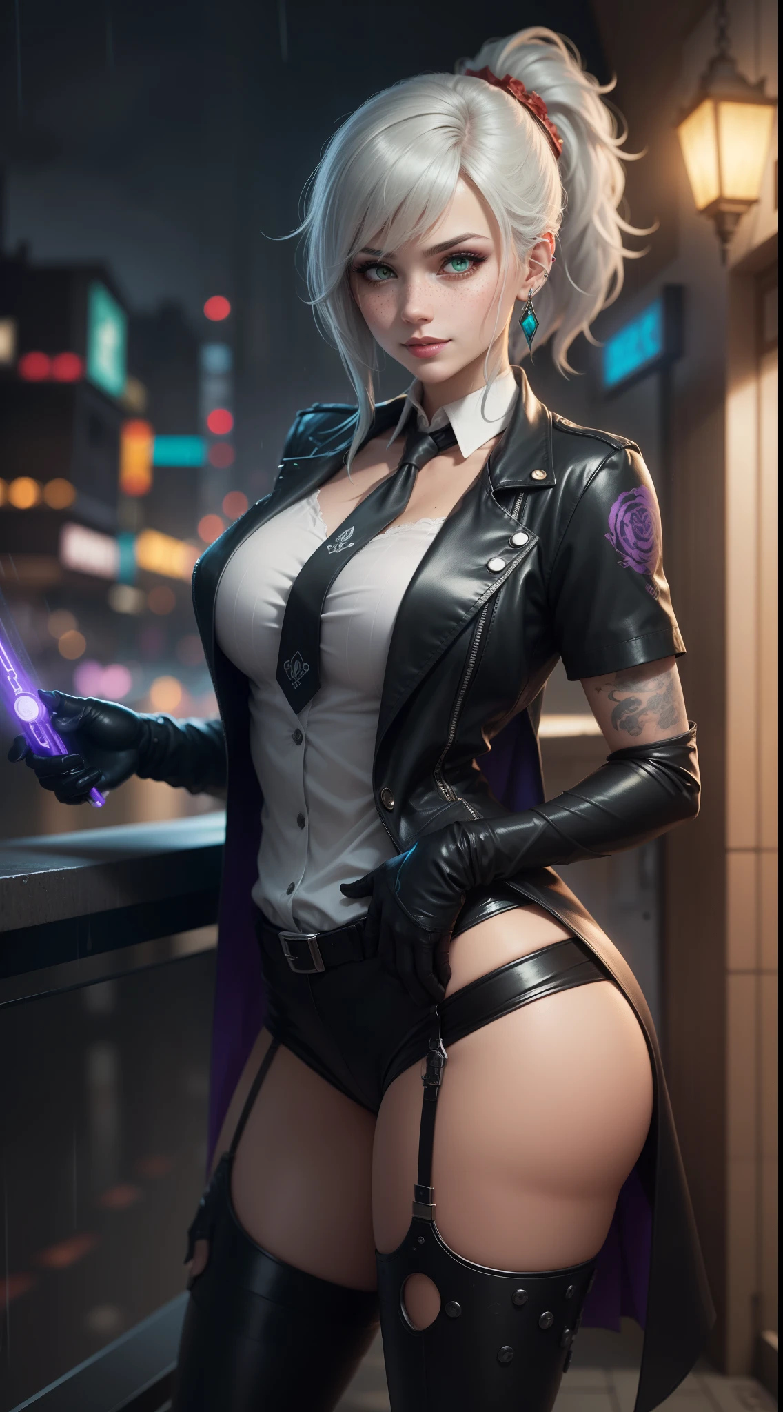 gwen tennyson,yorha 2b,mara jade,mordred, samus aran,overwatch,atelier ryza,close up,yakuza mansion,yakuza tattoos,blue and violet plugsuit,white short sleeve formal blouse,formal violet vest,black formal tie,light gray short sleeve formal long coat,light gray formal pants,short punk hair,punk makeup,green eyes,multicolored silver hair, cyborg gloves,sexy smile,freckles,beautiful girl,cyborg high heels,large breasts,8k,ultra detailed,realistic,fantasy art,hair pin,ear piercings,(weather:rainy),1girl,gold neck and hand jewelry,glowing cyberpunk machine gun,