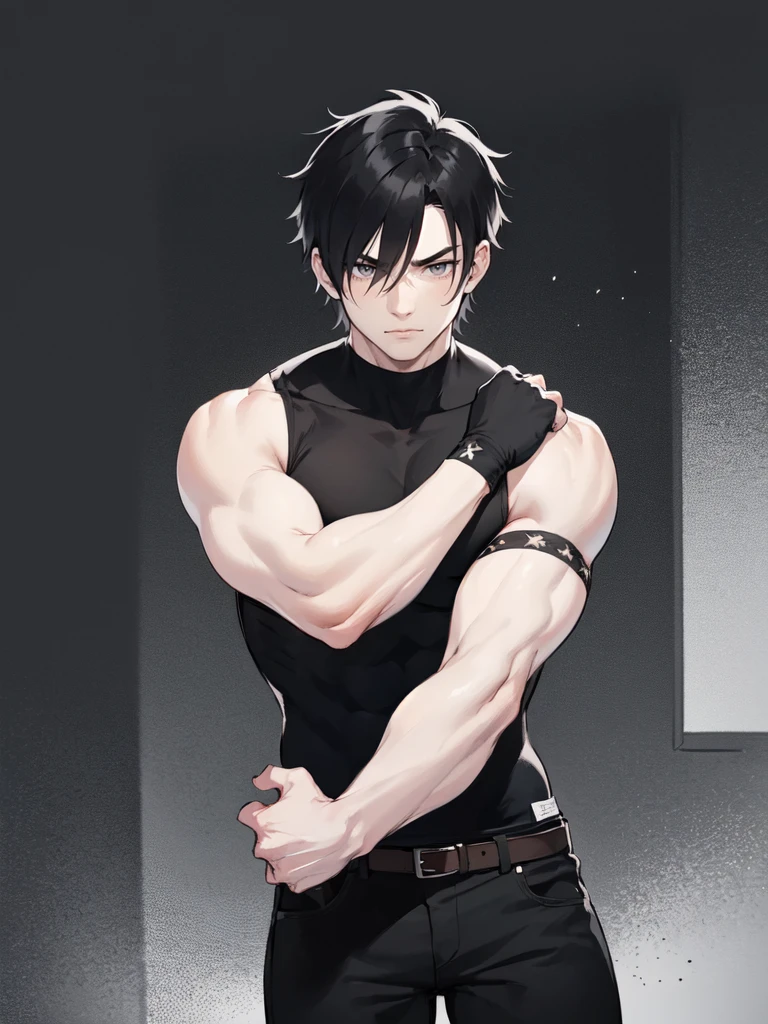 young muscular man with scars on his arms (scars) (handsome man). black hair and short, very spiked and straight. small and gray eyes. dressed in a black sleeveless shirt, with black bandages on his arms and hands and black pants (masterpiece), (best quality), (ultra detailed), (illustration) (high saturation), (casual school background). wrestling. looking at viewer. struggling. "Wriothesley"