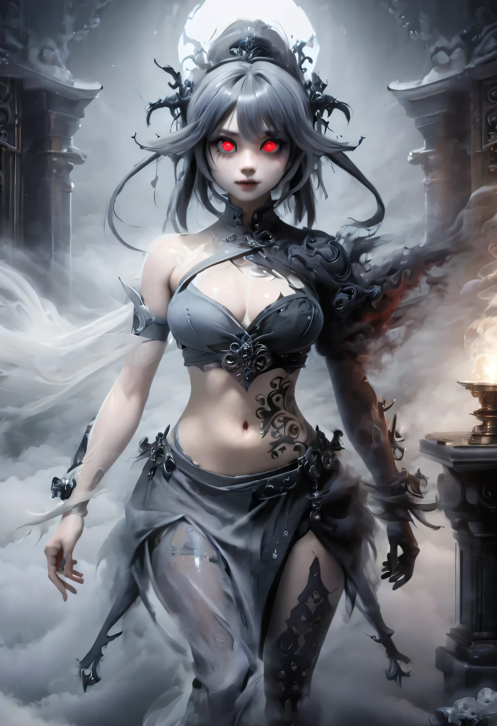 (masterpiece,best quality,ultra-detailed),1girl,messy hairstyle,mane,thick hair,long bob cut, black hair,blue and red and black hair,aesthetic hairstyle,goth girl, pointy ears,beautiful and detailed face, detailed eyes, goth fashion,night,fog,looking at viewer,huge chest,((grey theme)),((gothic theme)), huge tits, f cup breasts, wide hips, narrow waist, huge ass, tattos, tribal tattoos, piercings, nipple piercings, thick, goth mommy, muscular muscular female thighs fit abs leg muscles arm muscles back muscles
