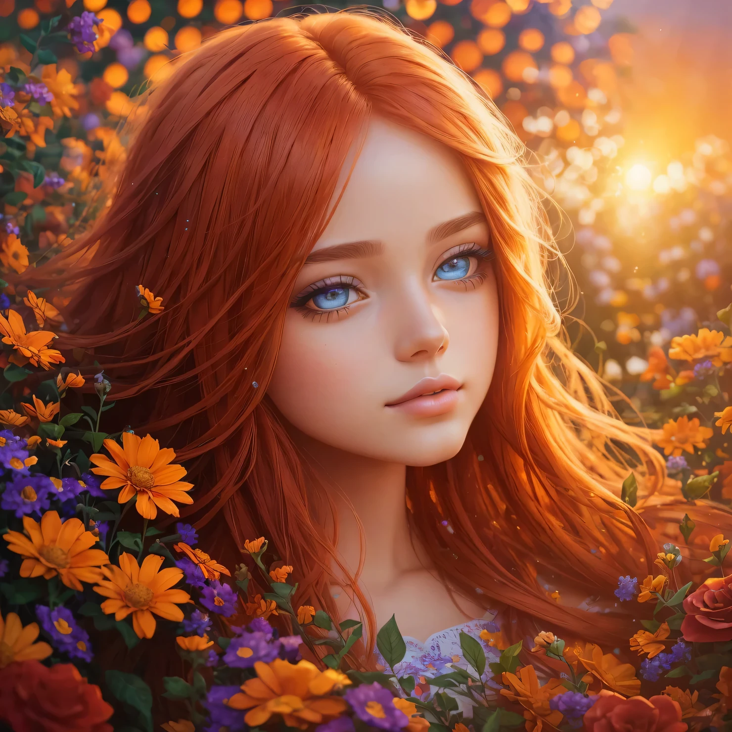 (a girl with) beautiful deep galactical eyes, beautiful detailed lips, long orange mystical hair, colorful flowers in the garden, soft sunlight, vibrant colors, oil painting, ultra-detailed, realistic, professional, vivid colors, soft texture, bokeh, studio lighting sunset