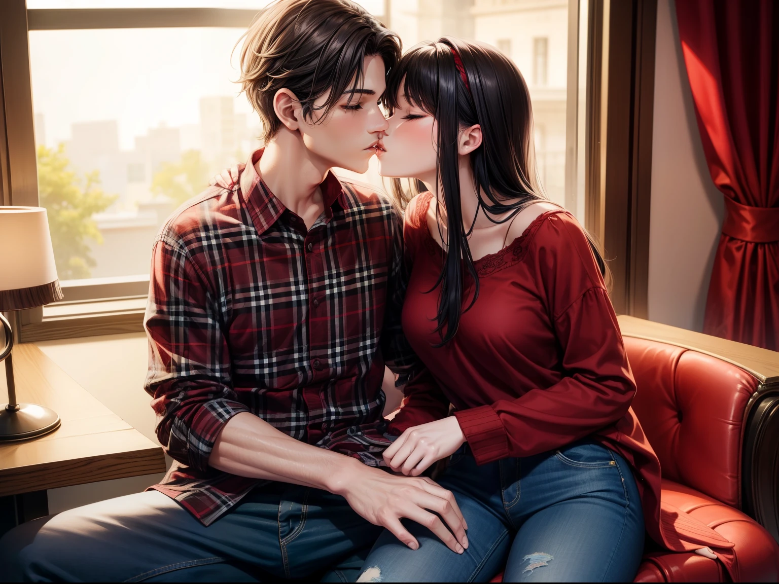 Young sexy girl wearing a red dress sitting on lap of young boy wearing a red and black flannel shirt and jeans who is sitting on a chair, kissing, making out, passionately, dim lighting, sexy, hot, lustful