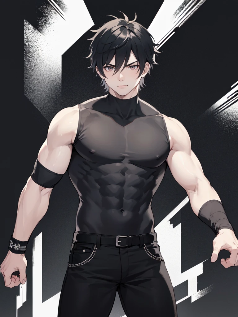 young muscular man with scars on his arms (scars) (handsome man). black hair and short, very spiked and straight. small and gray eyes. dressed in a black sleeveless shirt, with black bandages on his arms and hands and black pants (masterpiece), (best quality), (ultra detailed), (illustration) (high saturation), (casual school background). wrestling. looking at viewer.  "Wriothesley (Genshin Impact)"(casual background)