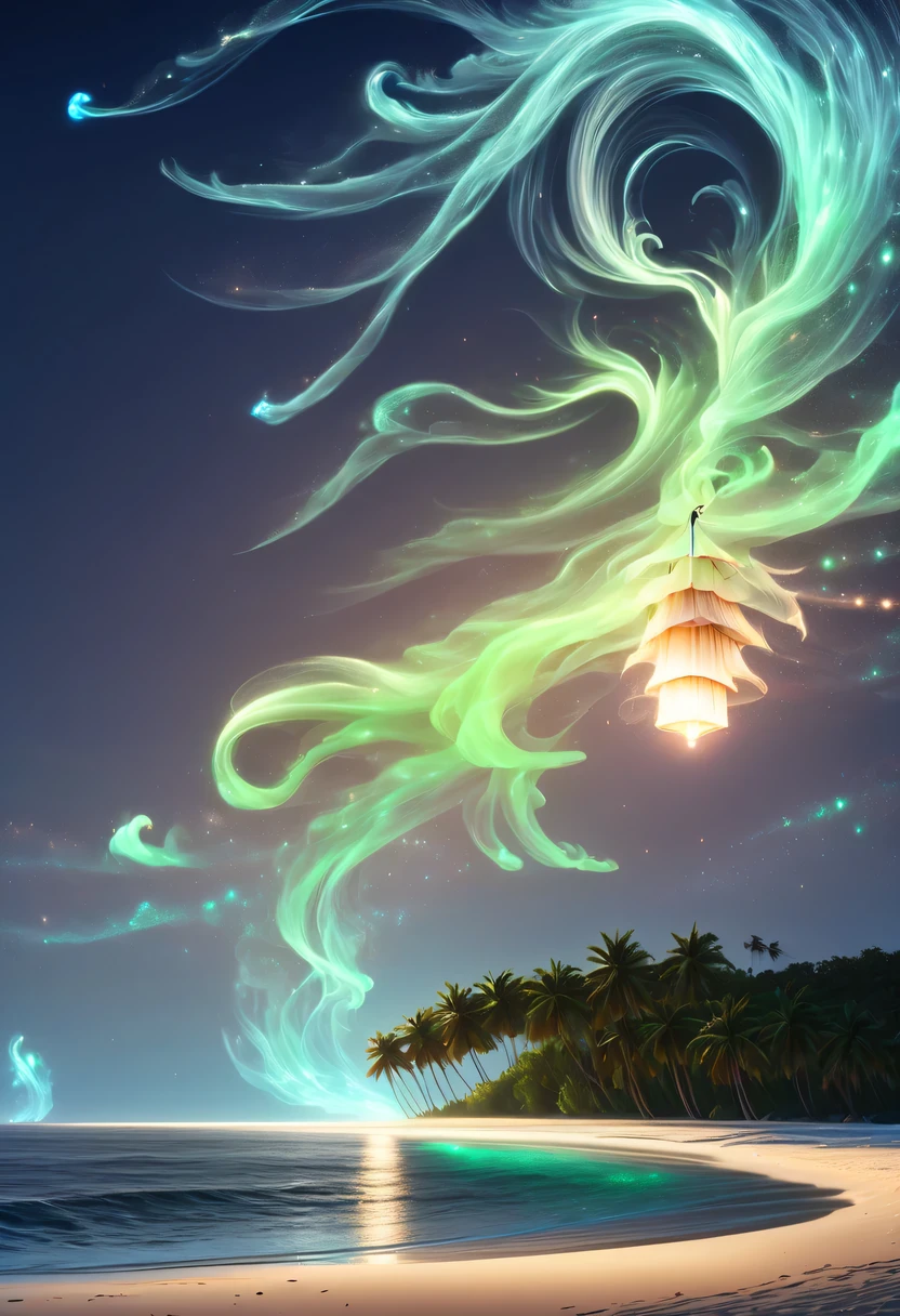 Dream Resort,pastel tones,Light style,Comfortable and calm,nature,warm and cozy,night,There will be blue lights on the beach,surging in the waves、when the sea breeze blows,fluorescent beach,stunning sea view,Beach umbrellas,bonfire,Very mysterious and beautiful,Lights appear on the beach at night,恩杜鲁岛的fluorescent beach, Maldives,