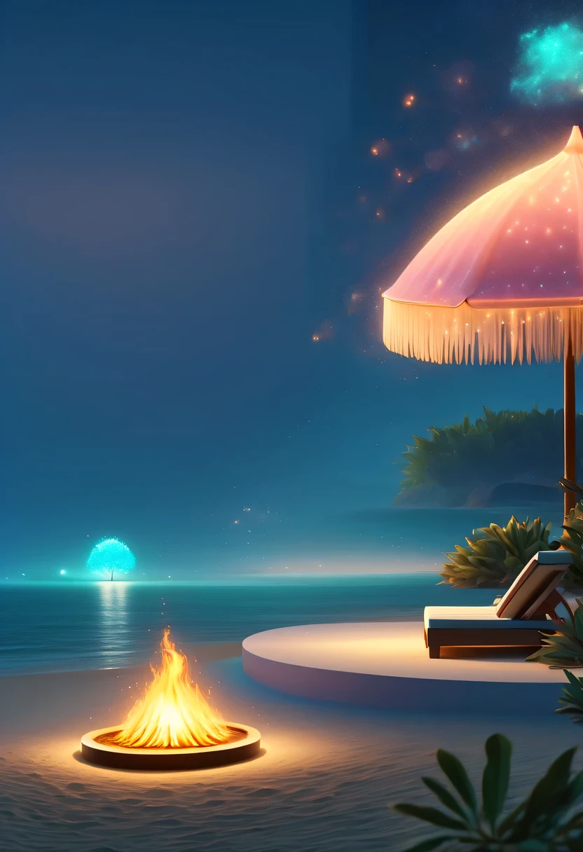 Dream Resort，pastel tones，Light style，Comfortable and calm，nature，warm and cozy，night，There will be blue lights on the beach，surging in the waves、when the sea breeze blows，fluorescent beach，stunning sea view，Beach umbrellas，bonfire，Very mysterious and beautiful，Lights appear on the beach at night，恩杜鲁岛的fluorescent beach, Maldives，