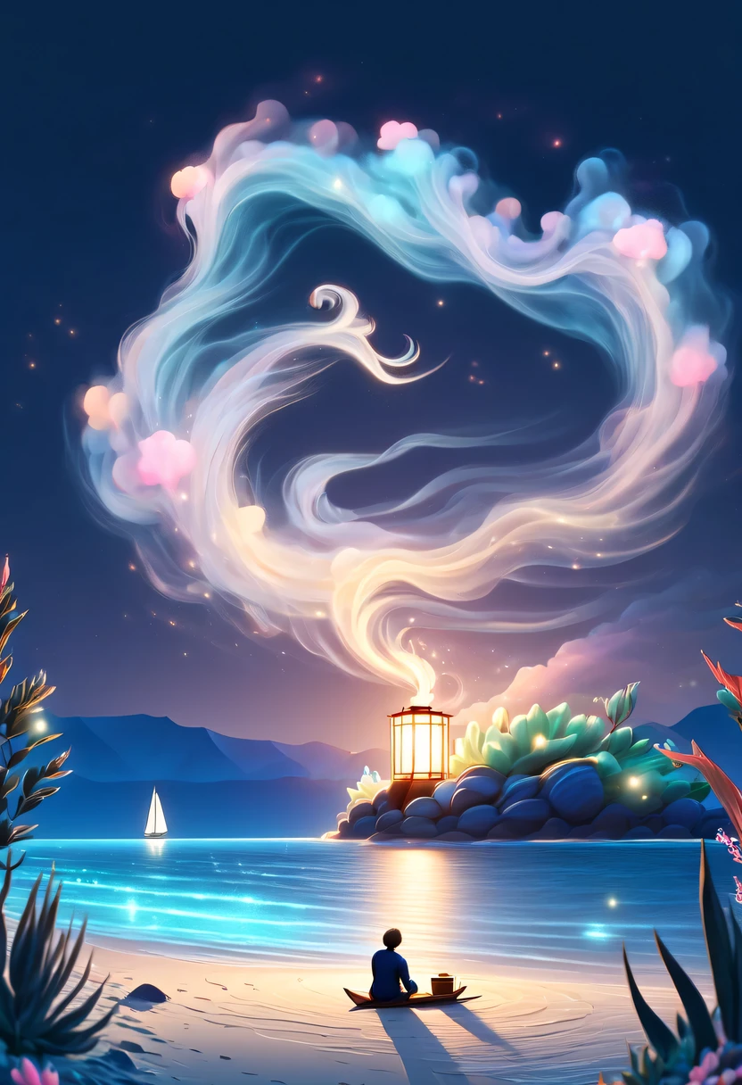 Dream Resort，pastel tones，Light style，Comfortable and calm，nature，warm and cozy，night，There will be blue lights on the beach，surging in the waves、when the sea breeze blows，fluorescent beach，stunning sea view，Beach umbrellas，bonfire，Very mysterious and beautiful，Lights appear on the beach at night，恩杜鲁岛的fluorescent beach, Maldives，