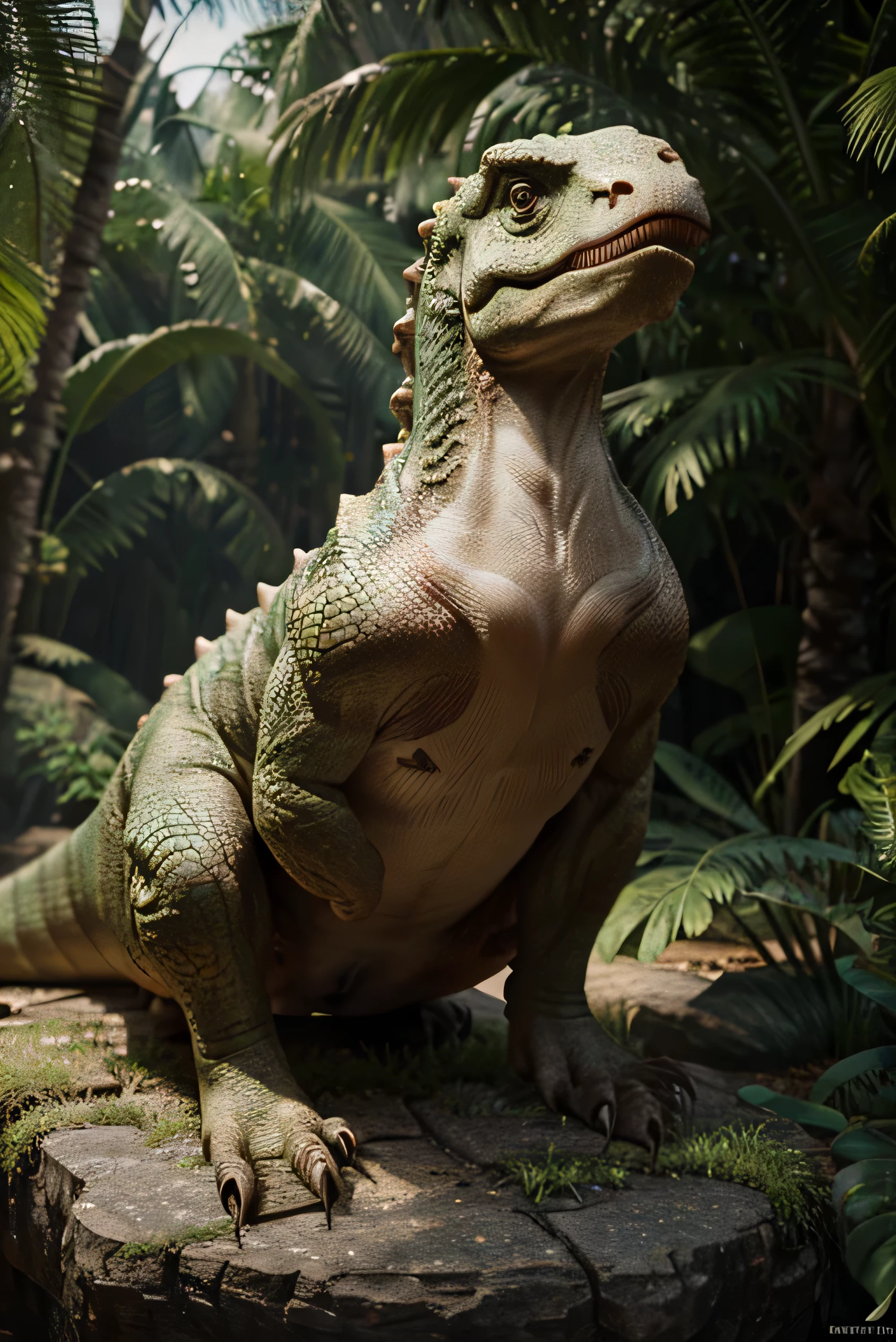 Create a giant komodo dragon, green and muscular, holding a black and white dog by the neck, in a sea of blood