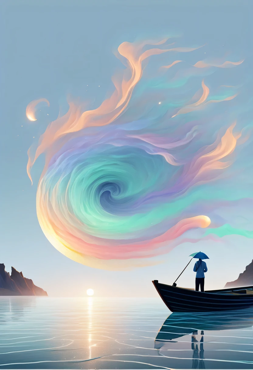 Dream Resort，pastel tones，Light style，Comfortable and calm，nature，warm and cozy，荧光ocean滩，Gentle sunset，beautiful garden，壮丽ocean景，Beach umbrellas，bonfire，painting, ocean, ocean岸, sunrise, sailor, Boat sun reflected on water minimalist sober simple pastel painting with simple background