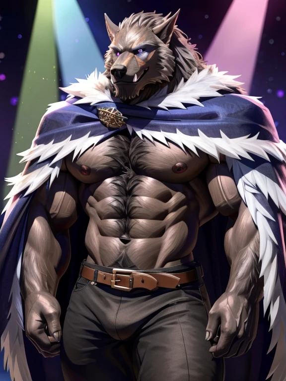blaidd (elden ring) ,werewolf,male,uncle,aldult,alone,4K,best quality, full-body shot,looking at the audience,Show muscles,hairy body,Upper body exposed,bared chest,Hairy chest, (muscular, Athletic body:1.0), Pink nipples, Six-pack abs, biceps, 弯曲biceps, anatomically correct,Delicate fur,pride,soft shadow,majestic (Detailed face, Clear eyes:1.1),handguard, Leg nails,cloak, Pants, belt, one eye white,one eye red,Sharp eyes,Grandiose,Valiantary,Smile confidently,Strong,mature,simple night background,