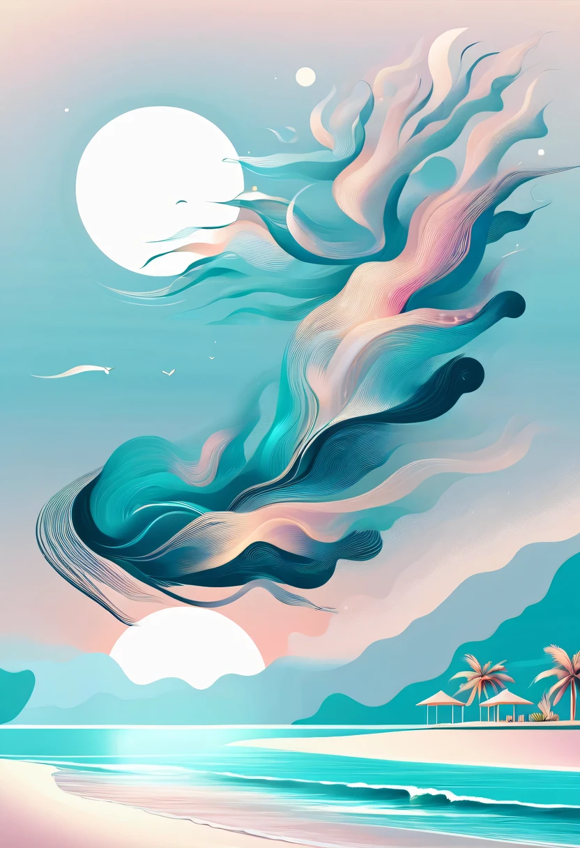 Dream Resort，pastel tones，Light style，Comfortable and calm，nature，warm and cozy，night，There will be blue lights on the beach，surging in the waves、when the sea breeze blows，fluorescent beach，stunning sea view，Beach umbrellas，bonfire，Very mysterious and beautiful，Lights appear on the beach at night，恩杜鲁岛的fluorescent beach, Maldives，