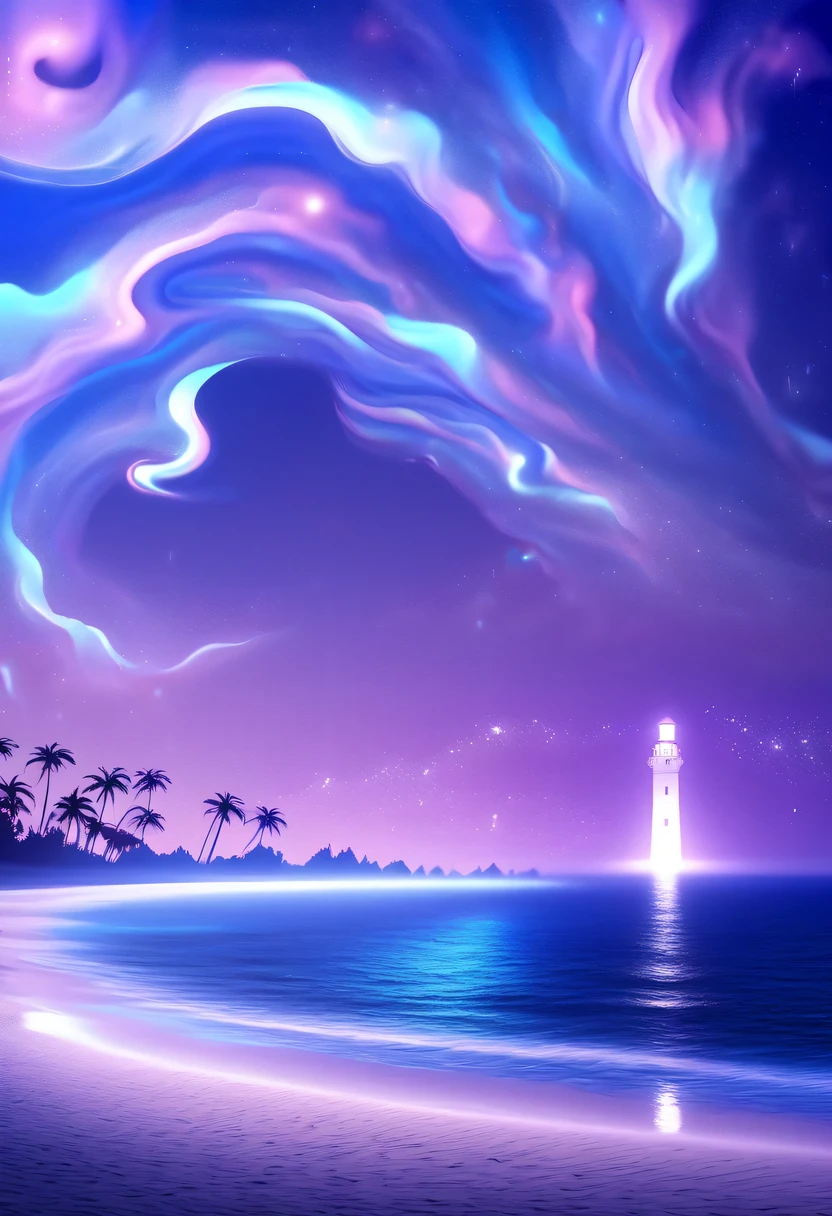 Dream Resort，pastel tones，Light style，Comfortable and calm，nature，warm and cozy，night，There will be blue lights on the beach，surging in the waves、when the sea breeze blows，fluorescent beach，stunning sea view，Beach umbrellas，bonfire，Very mysterious and beautiful，Lights appear on the beach at night，恩杜鲁岛的fluorescent beach, Maldives，