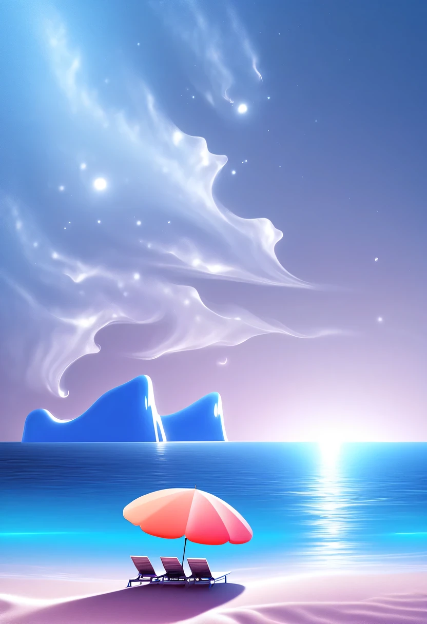 Dream Resort,pastel tones,Light style,Comfortable and calm,nature,warm and cozy,night,There will be blue lights on the beach,surging in the waves、when the sea breeze blows,fluorescent beach,stunning sea view,Beach umbrellas,bonfire,Very mysterious and beautiful,Lights appear on the beach at night,恩杜鲁岛的fluorescent beach, Maldives,