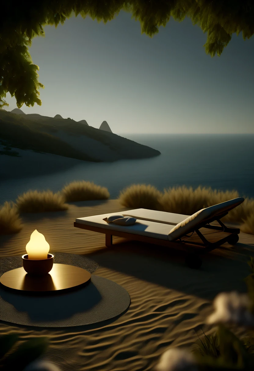 (best quality,4K,8k,high resolution,masterpiece:1.2),Super detailed,(actual,photoactual,photo-actual:1.37),dream resort,muted tones,Gentle style,peaceful and cozy,nature,warm and cozy,fluorescent beach,Gentle sunset,beautiful garden,Spectacular sea view,beach umbrella,campfires