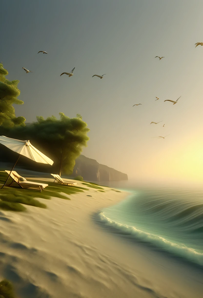 (best quality,4K,8k,high resolution,masterpiece:1.2),Super detailed,(actual,photoactual,photo-actual:1.37),dream resort,muted tones,Gentle style,peaceful and cozy,nature,warm and cozy,fluorescent beach,Gentle sunset,beautiful garden,Spectacular sea view,beach umbrella,campfires