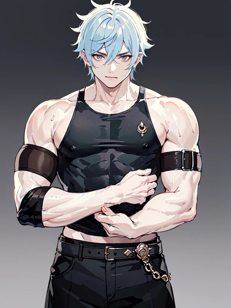 (Wriothesley (Genshin Impact)) young muscular man with scars on his arms (scars) (handsome man). black hair and short, very spiked and straight. small and gray eyes. dressed in a black sleeveless shirt, with black bandages on his arms and hands and black pants (masterpiece), (best quality), (ultra detailed), (illustration) (high saturation), (casual school background). wrestling. looking at viewer. "Wriothesley (Genshin Impact)"(casual background) Wriothesley ((Wriothesley))