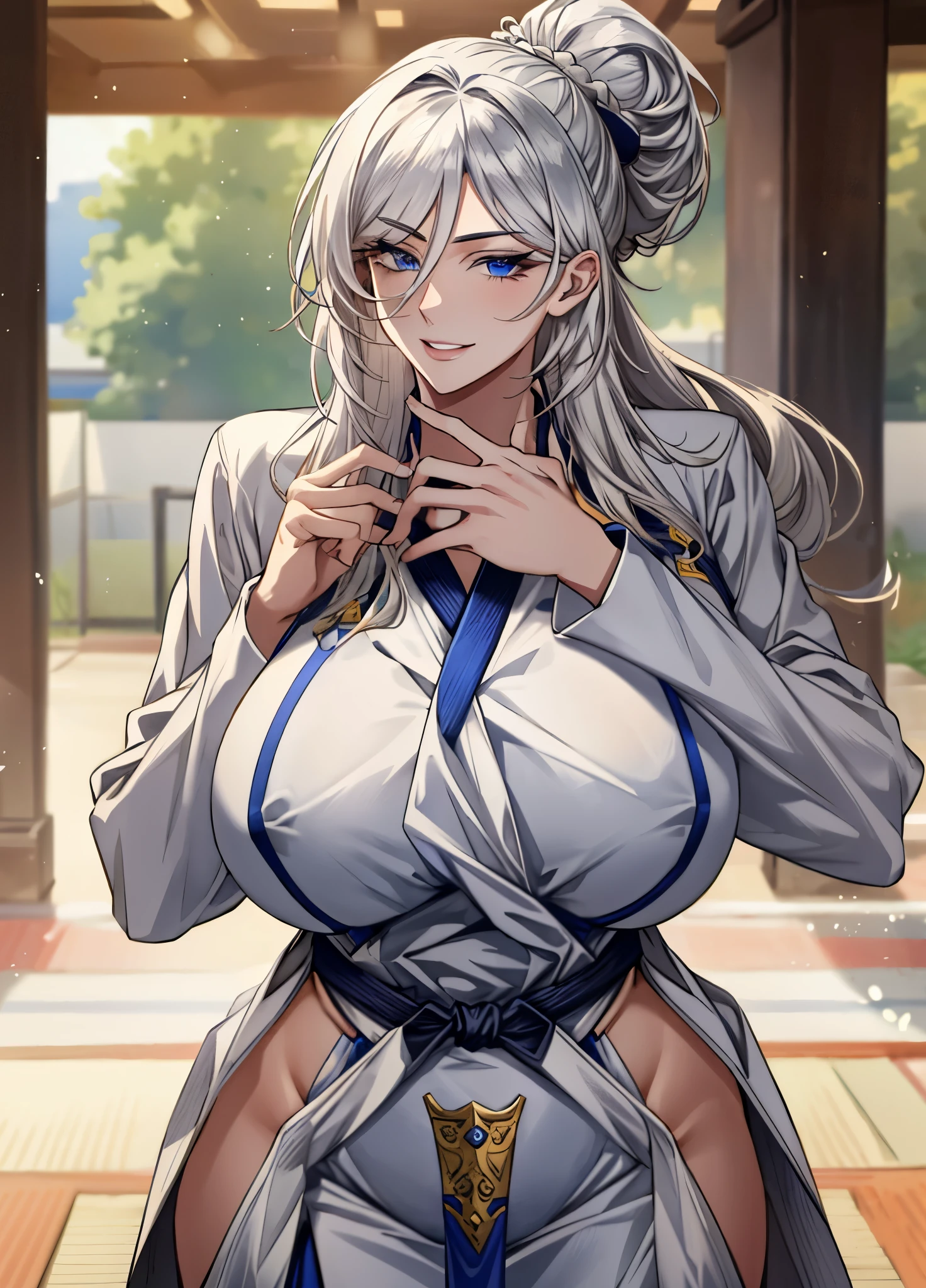 (masterpiece: 1.2), (best quality: 1.2) 1woman, mature, tall 190cm, about 28 years old, silver (white) hair, straight hair, long hair, hair tied in a samurai bun, ponytail horse, light blue eyes, extremely detailed eyes, ultra realistic eyes, eyes well proportioned to the face, long eyelashes, anime style, perfect face, extremely feminine face, detailed face, ultra realistic face, full lips, smile, happy smile, mature, large bust (huge), cheerful bust, fair skin, natural body, sexy body, wearing a white jiu jitsu kimono, Olympic style, with black belt, with one hand on the waist, perfect hand, hands with good anatomy, detailed hands, ultra realistic hands, wide hips, big ass, looking at the viewer, gym setting, inside a jiu jitsu gym, on a mat, on top of the mat standing, posing frontally, alone, with no one but her.