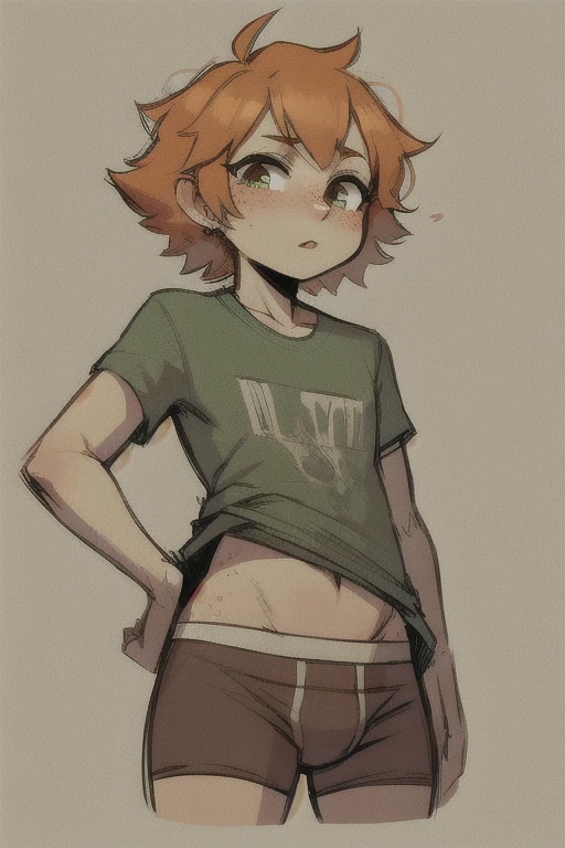 Orange haired shota freckles wearing boxer-briefs shirt, hand in pants