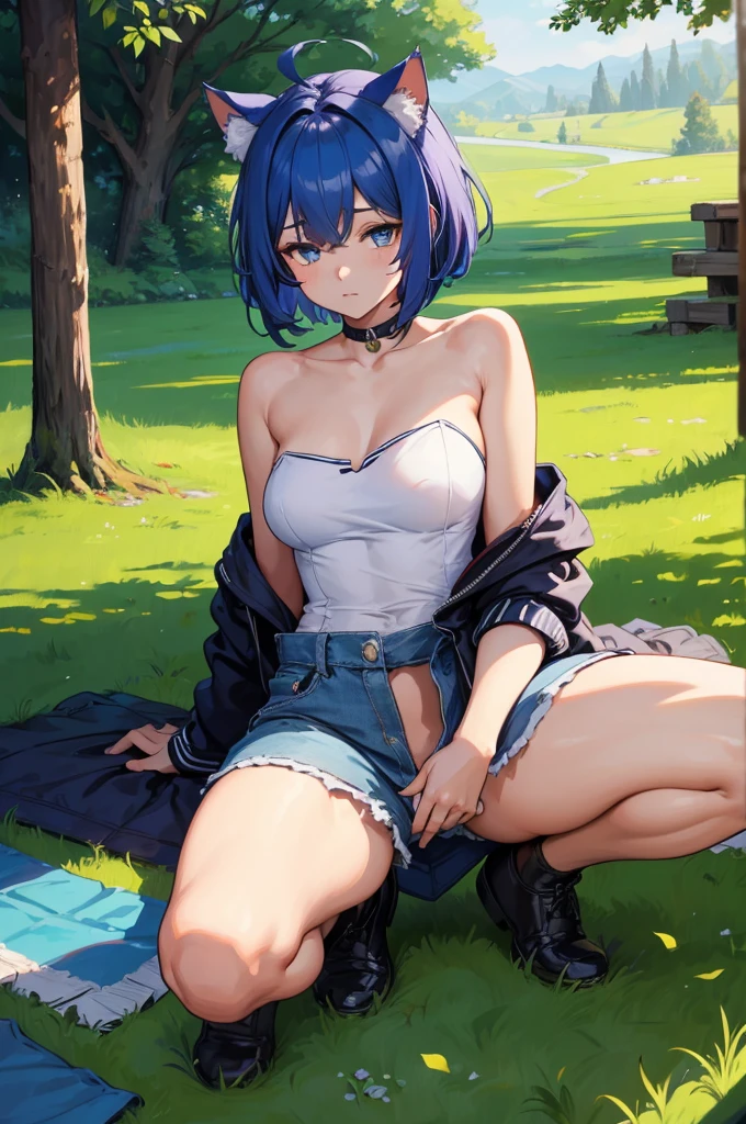 masterpiece:1.2, High quality, en iyi kalite, detailed_arka plan,iç mekan,highs,neko (solution1988) crouching on the grass with his feet spread, (( crotch is visible)),siyah ceket, topless ,absurdres,blue eyes,outdoor jacket,degrade arka plan,izleyiciye bakmak,spor sutyeni,1girl, Short hair,bare shoulder,solo,animal ears,blue hair,ceket,short top,drop shoulder,head bowed,cat ears
