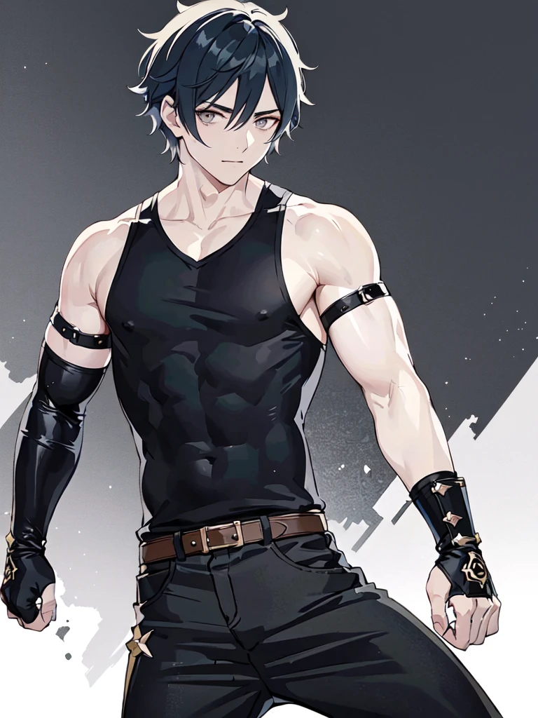 (Wriothesley (Genshin Impact)) young muscular man with scars on his arms (scars) (handsome man). black hair and short, very spiked and straight. small and gray eyes. dressed in a black sleeveless shirt, with black bandages on his arms and hands and black pants (masterpiece), (best quality), (ultra detailed), (illustration) (high saturation), (casual school background). wrestling. looking at viewer. "Wriothesley (Genshin Impact)"(casual city background)