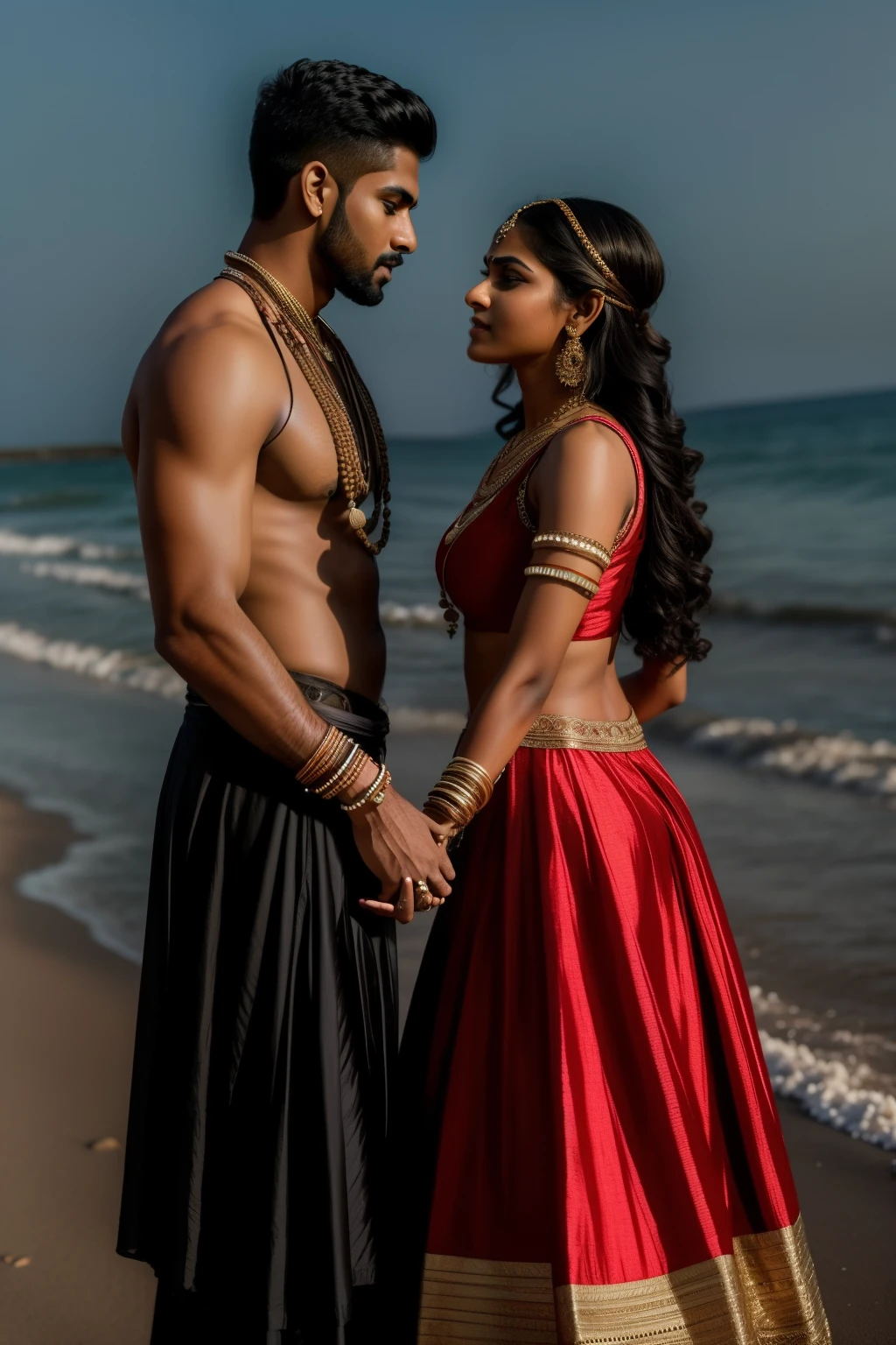 Foto RAW em sequencia, Um par emocionantemente hermoso, um jovem indiano incrivelmente bonito e uma jovem indiana hermosissima, vestidos modernos e joias, posa dinâmica, estilo indiano, atmosfera misteriosa e mágica
This sequence of RAW photos captures a stunningly gorgeous couple, an insanely handsome young Indian man and a stunningly beautiful Indian woman. They are dressed in modern clothing and adorned with jewelry. The dynamic pose they strike adds to the intrigue of the scene, transporting us to an Indian-style, mysterious and magical atmosphere. The detailed planning