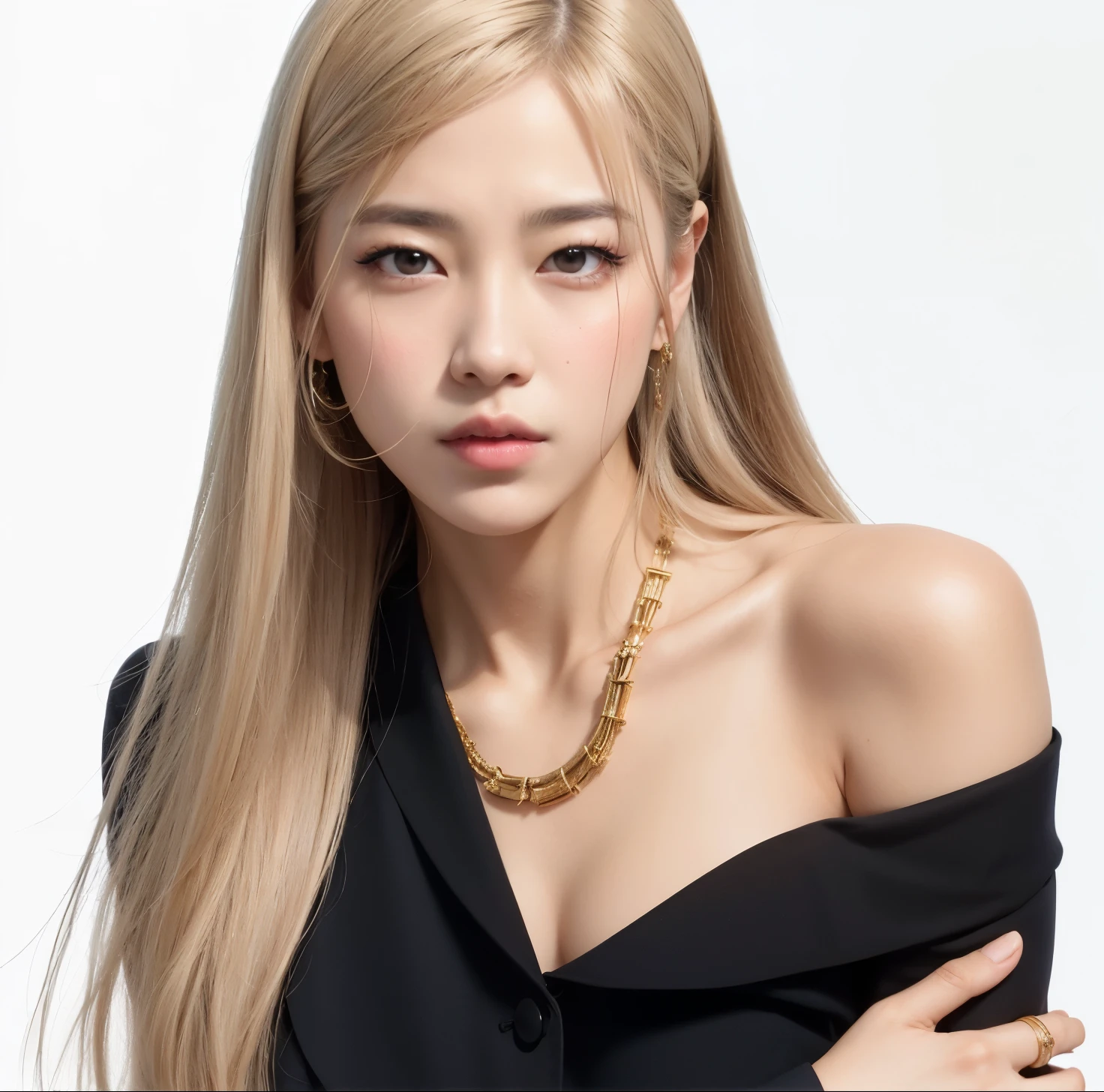 Un primer plano de una mujer con cabello largo y rubio con un vestido negro, roseanne park of rosa negro, jossi of rosa negro, portrait of jossi of rosa negro, jisoo of rosa negro, jisoo from rosa negro, portrait jisoo rosa negro, lalisa manoban of rosa negro, Lalisa Manobal, rosa negro, jia, female korean idol portrait, kpop idol portrait