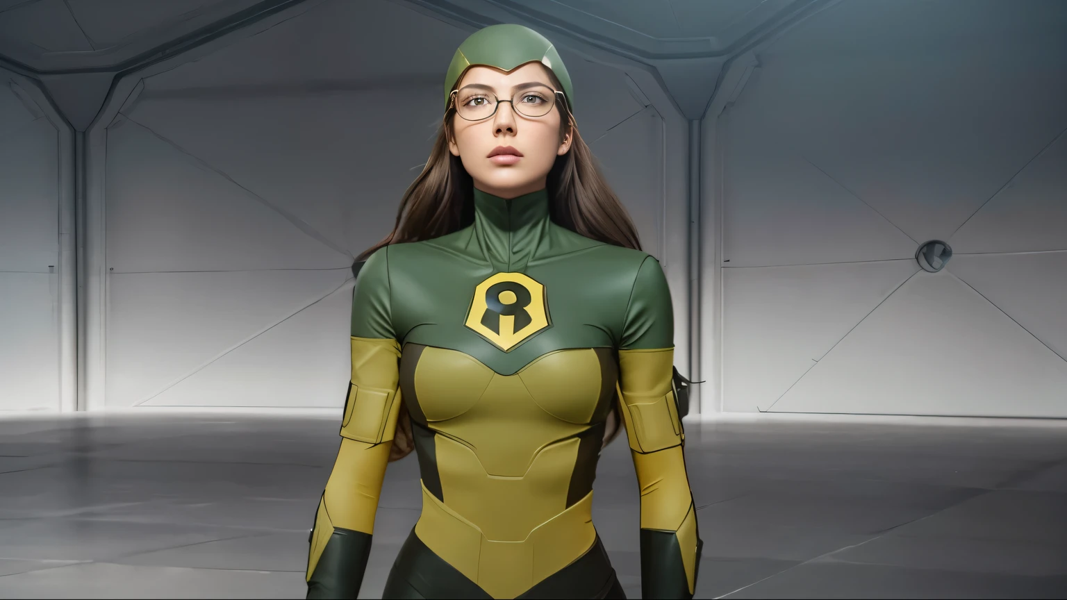 (obra de arte), (extremamente complexo:1.3), (realista), superhero girl, cabelo castanho, terno verde escuro, Copos, olhando pra cima ,from the invincible series, fotografia profissional, sharp focus, dramatic, premiado, cinematic lighting, Octane rendering, motor irreal, dtx volumétrico, (Film grain)