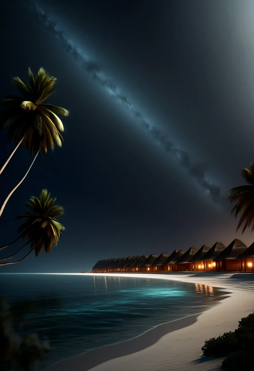(best quality,4K,8k,high resolution,masterpiece:1.2),Super detailed,(actual,photoactual,photo-actual:1.37),A fantastic holiday destination,Gentle tone,Bright and airy atmosphere,cozy calm, Nature,warm and cozy,at night,beach illuminated by blue light, waves crashing,The sea breeze blows gently, Fluorescent beach spreads out with stunning ocean views, Beach umbrellas, bonfire, Incredibly mysterious and beautiful, Lights appearing on the beach at night, Glowing Beach on Wadihu Island, Maldives