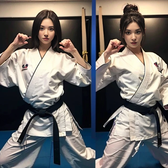 onoff,side-by-side photo,split screen,Karate costumes、Highly detailed karate costumes、highly detailed exquisite fanart、Martial Arts Poses、Woman in karate uniform posing in dojo、Combat Poses、Naked inside with only judogi,Photo level、8K,
