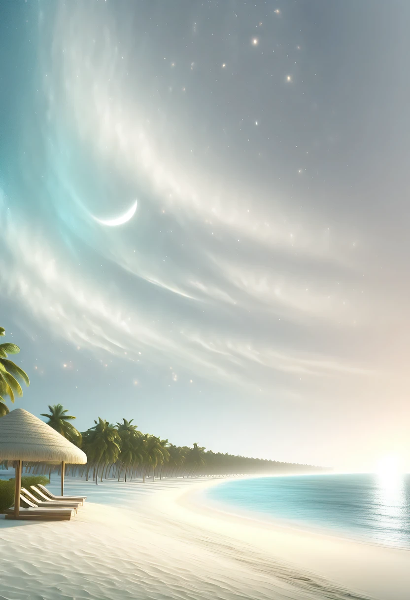 Dream Resort，pastel tones，Light style，Comfortable and calm，nature，warm and cozy，night，There will be blue lights on the beach，surging in the waves、when the sea breeze blows，fluorescent beach，stunning sea view，Beach umbrellas，bonfire，Very mysterious and beautiful，Lights appear on the beach at night，恩杜鲁岛的fluorescent beach, Maldives，