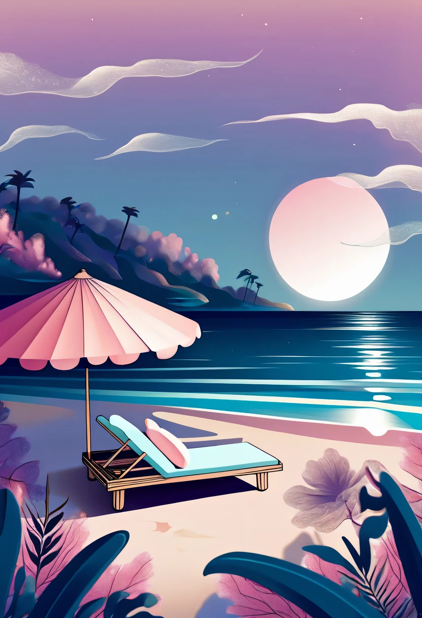 Dream Resort，pastel tones，Light style，Comfortable and calm，nature，warm and cozy，night，There will be blue lights on the beach，surging in the waves、when the sea breeze blows，fluorescent beach，stunning sea view，Beach umbrellas，bonfire，Very mysterious and beautiful，Lights appear on the beach at night，恩杜鲁岛的fluorescent beach, Maldives，