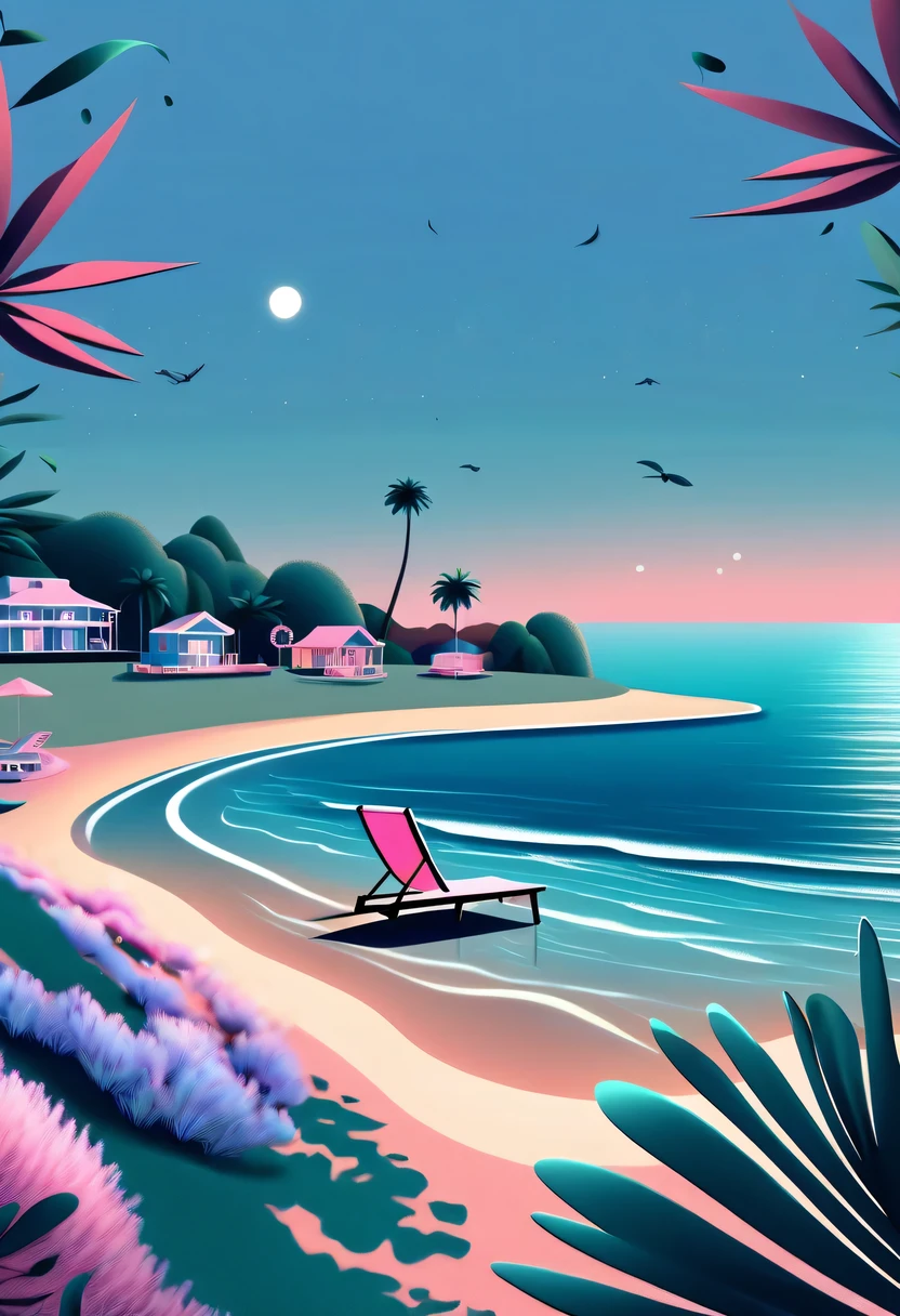Dream Resort,pastel tones,Light style,Comfortable and calm,nature,warm and cozy,fluorescent beach,Gentle sunset,beautiful garden,stunning sea view,Beach umbrellas,bonfire,