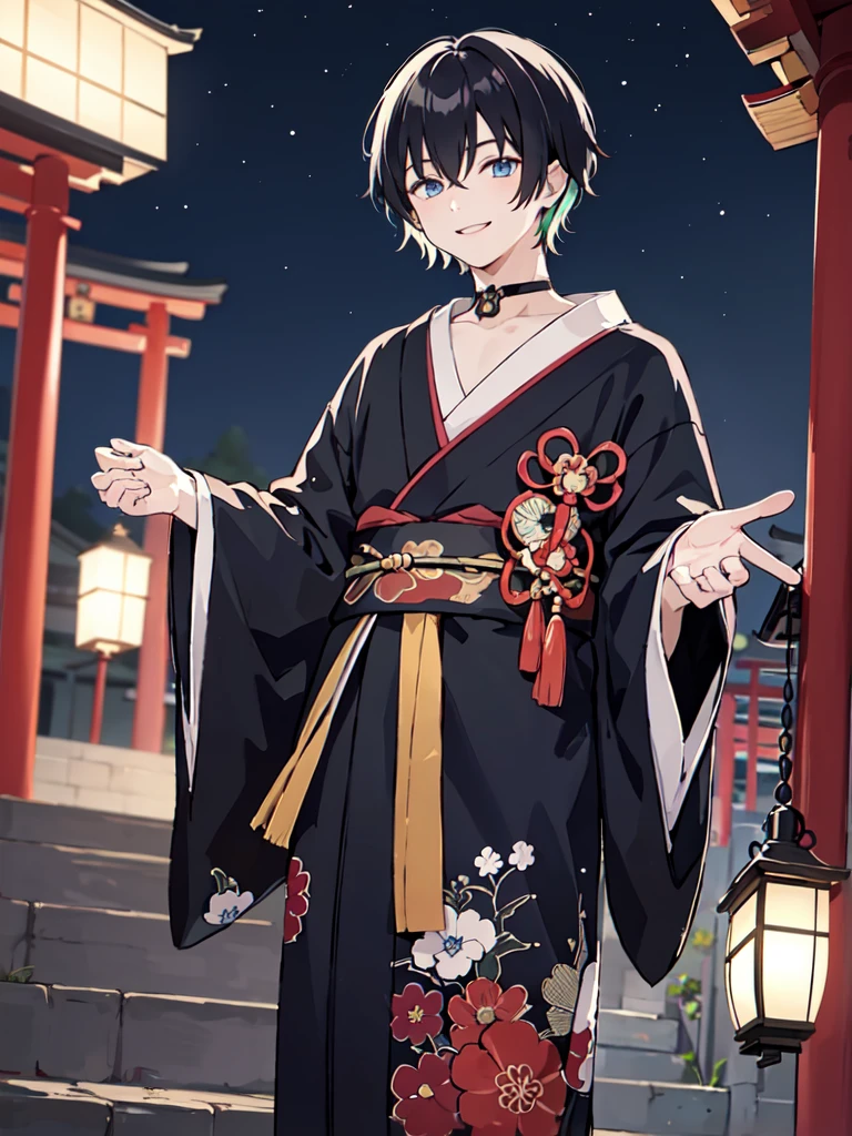 masterpiece, best quality, 1boy, wriothesley, black hair, multicolored hair, short hair, blue eyes, choker, japanese clothes, kimono, male focus, smile, night, japanese temple background