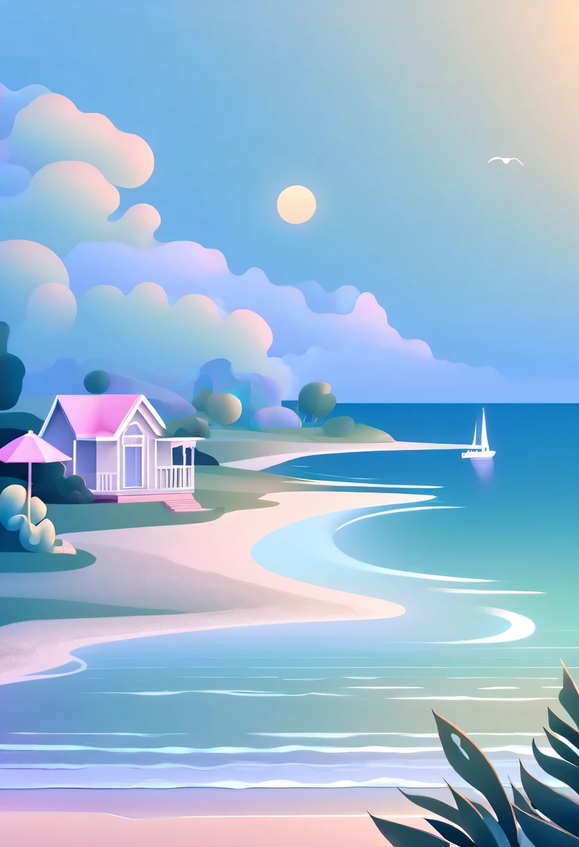 Dream Resort，pastel tones，Light style，Comfortable and calm，nature，warm and cozy，fluorescent beach，Gentle sunset，beautiful garden，stunning sea view，Beach umbrellas，bonfire，