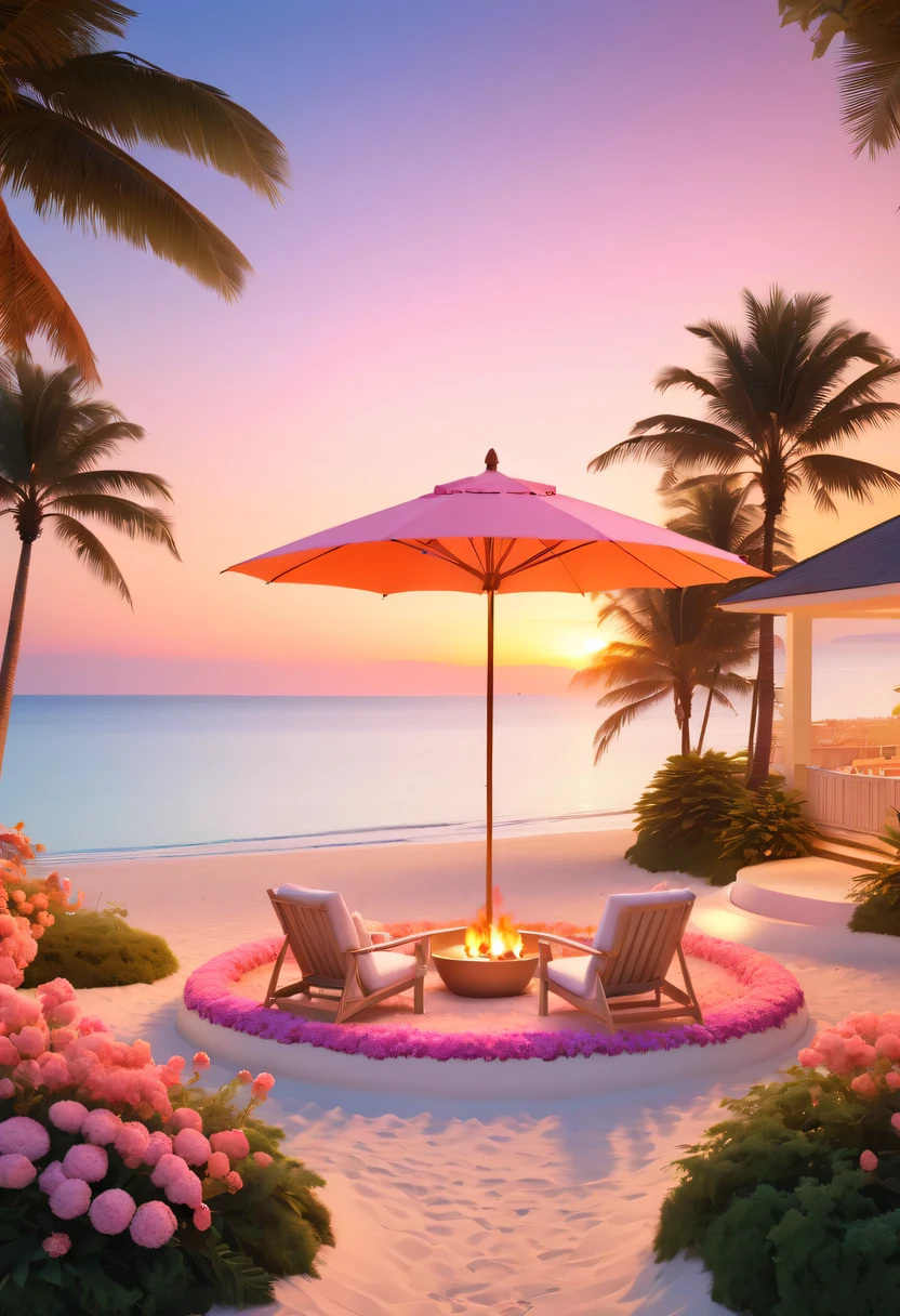 Dream Resort，pastel tones，Light style，Comfortable and calm，nature，warm and cozy，fluorescent beach，Gentle sunset，beautiful garden，stunning sea view，，Beach umbrellas，bonfire，