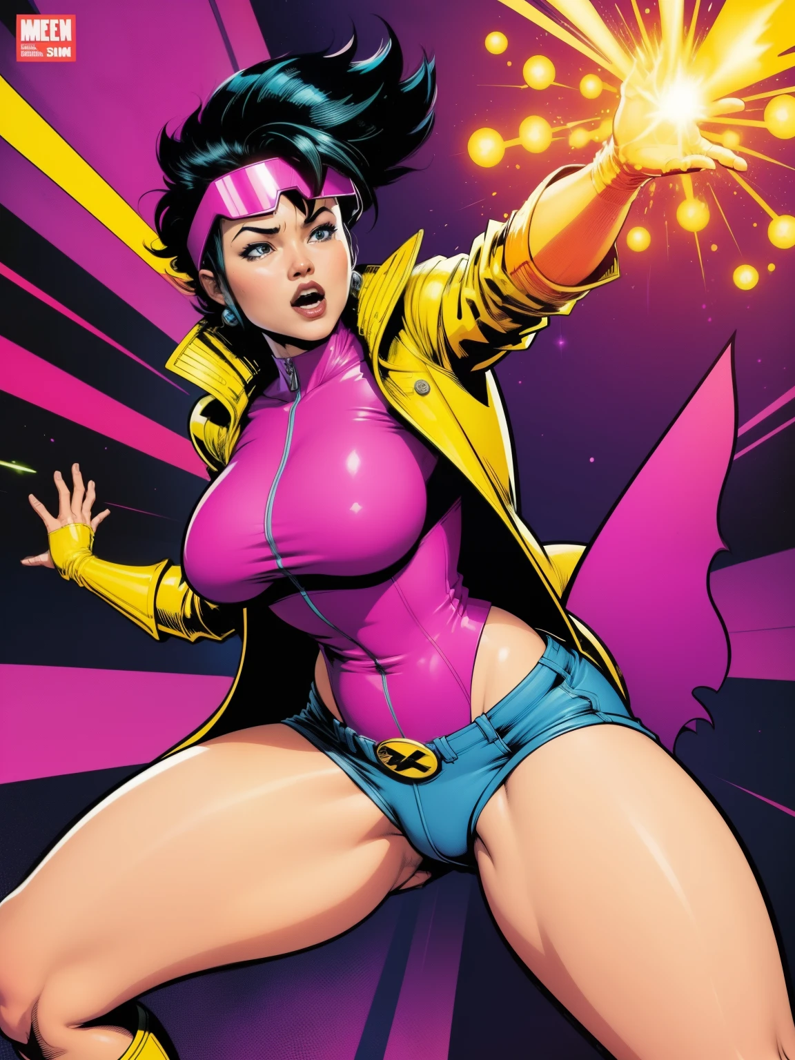 (((A comic style, cartoon art))). Jubilee is wearing her signature outfit. In heroic combate pose, 1 girl, solo, lonly, Asian girl, (((wearing blue jeans shorts))), short black hair, brown eyes, (((wearing yellow overcoat and blue jeans shorts))), huge pink sunglasses, in dynamic heroic pose. fire blasts of concentrated plasma energy from your hands (((Hot Body, camel toes))), which appears to be pulsing with power. ((comic background with neon colors)) , vivid colors, detailed, detailed face, realistic shadows and bright, glowing.