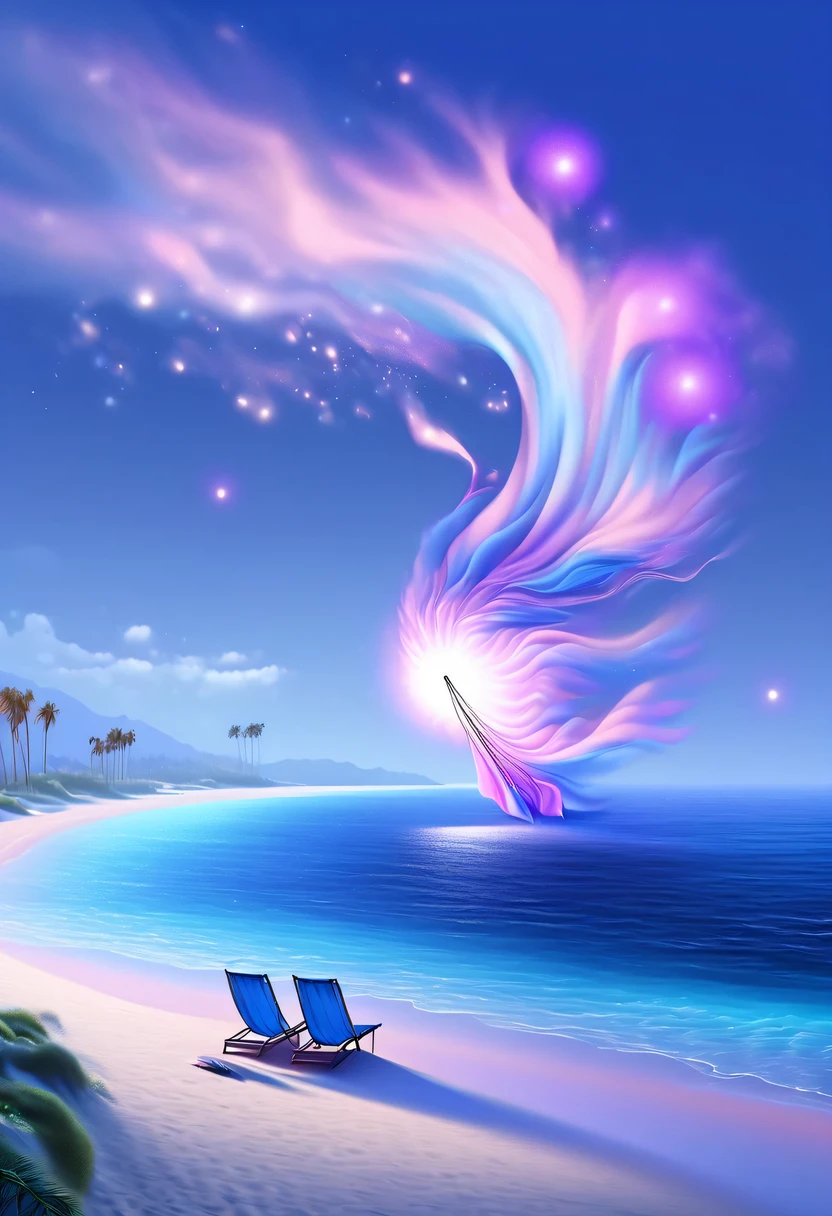Dream Resort，pastel tones，Light style，Comfortable and calm，nature，warm and cozy，night，There will be blue lights on the beach，surging in the waves、when the sea breeze blows，Fluorescent beaches easily reveal stunning sea views，Beach umbrellas，bonfire，Very mysterious and beautiful，Lights appear on the beach at night，Fluorescent beaches on Nduru Island, Maldives，