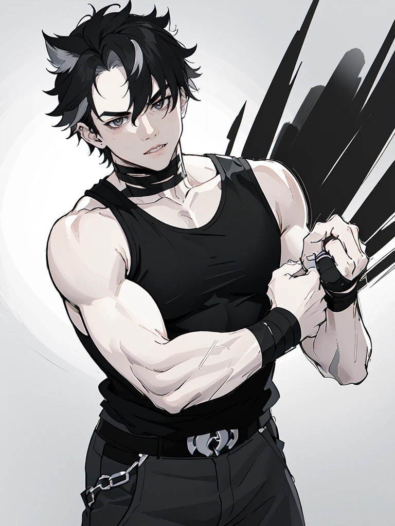 young muscular man with scars on his arms (scars) (handsome man). black hair and short, very spiked and straight. small and gray eyes. dressed in a black sleeveless shirt, with black bandages on his arms and hands and black pants (masterpiece), (best quality), (ultra detailed), (illustration) (high saturation), (casual school background). wrestling. looking at viewer. struggling