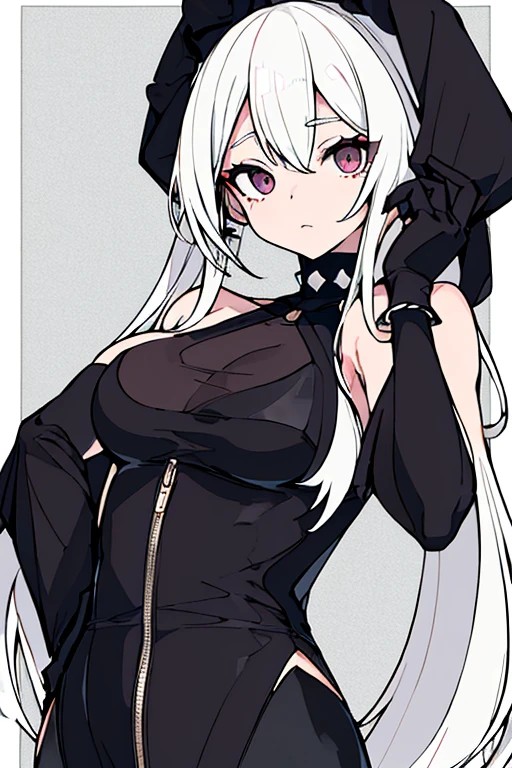 una chica anime con cabello Blanco. Color de Ojos: Intense and enigmatic he is wearing a black Halter neck bodysuit, sin espalda, deja ver una parte de sus pechos y su estomago ( el traje es algo explicito) A black spiked cape is attached to the black hood, . Medias que llegan un poco abajo de las rodillas, tiene un buen cuerpo (tetas grandes y buenos muslos ) his hair sticks out of his hood and he has a black mask with white eyes