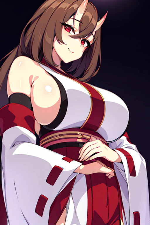 Simple White Background,
horns on her head,red and white outfit,japanese_clothes,bare_shoulders,detached_sleeves,
long_hair,bangs,brown_hair,red_eyes,
1 girl, 20yo,Young female,Beautiful Finger,Beautiful long legs,Beautiful body,Beautiful Nose,Beautiful character design, perfect eyes, perfect face,expressive eyes,perfect balance,
looking at viewer,(Focus on her face),closed mouth, (innocent_big_eyes:1.0),Light_Smile,
official art,extremely detailed CG unity 8k wallpaper, perfect lighting,Colorful, Bright_Front_face_Lighting,shiny skin, 
(masterpiece:1.0),(best_quality:1.0), ultra high res,4K,ultra-detailed,
photography, 8K, HDR, highres, absurdres:1.2, Kodak portra 400, film grain, blurry background, bokeh:1.2, lens flare, (vibrant_color:1.2),professional photograph, 
(Beautiful,large_Breasts:1.4), (beautiful_face:1.5),(narrow_waist)