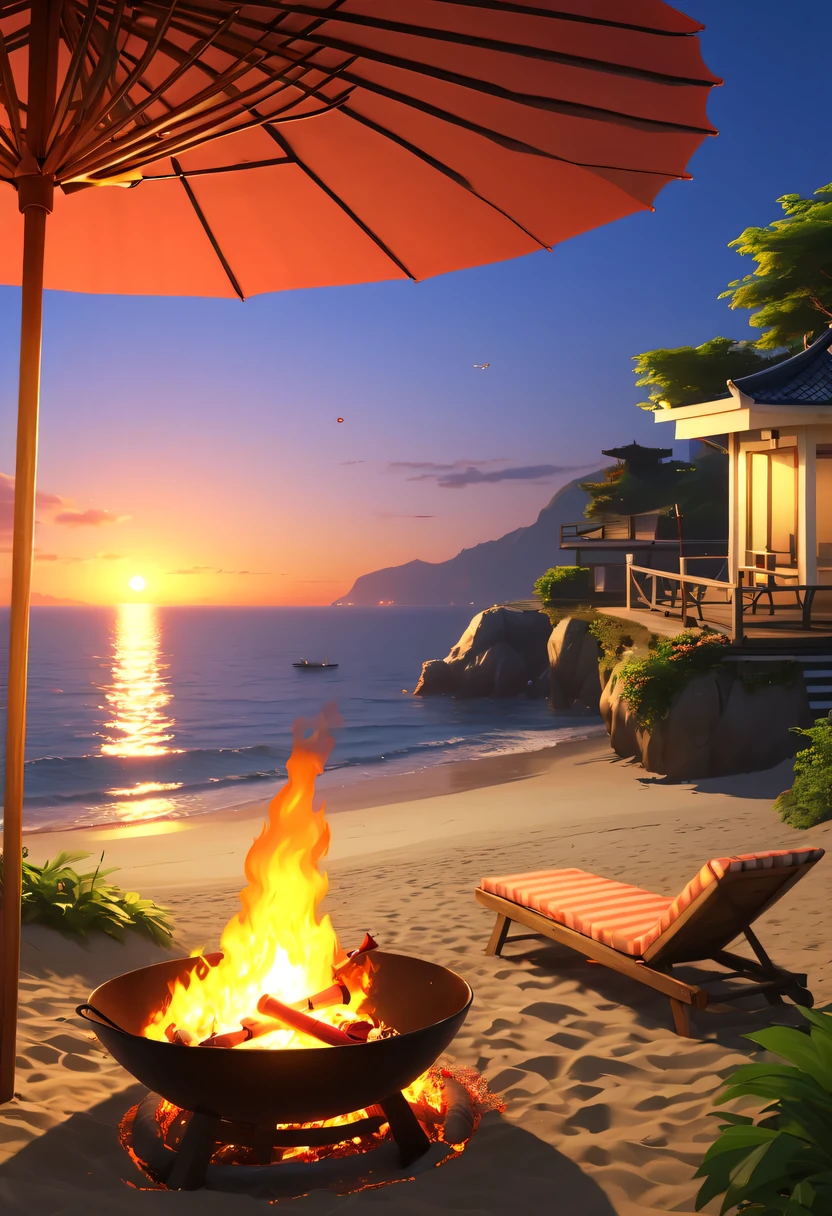 (GTA STYLE:1.5),beach,Sunset,drunkard, Heqiang,beach umbrella,bonfire,荧光beach,温柔的Sunset,beautiful garden,stunning sea view,