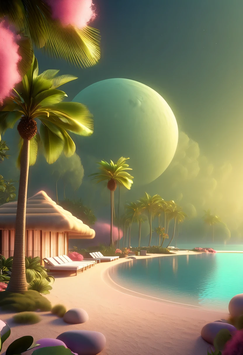 Dream Resort,pastel tones,Light style,Comfortable and calm,nature,warm and cozy,fluorescent beach,Gentle sunset,beautiful garden,