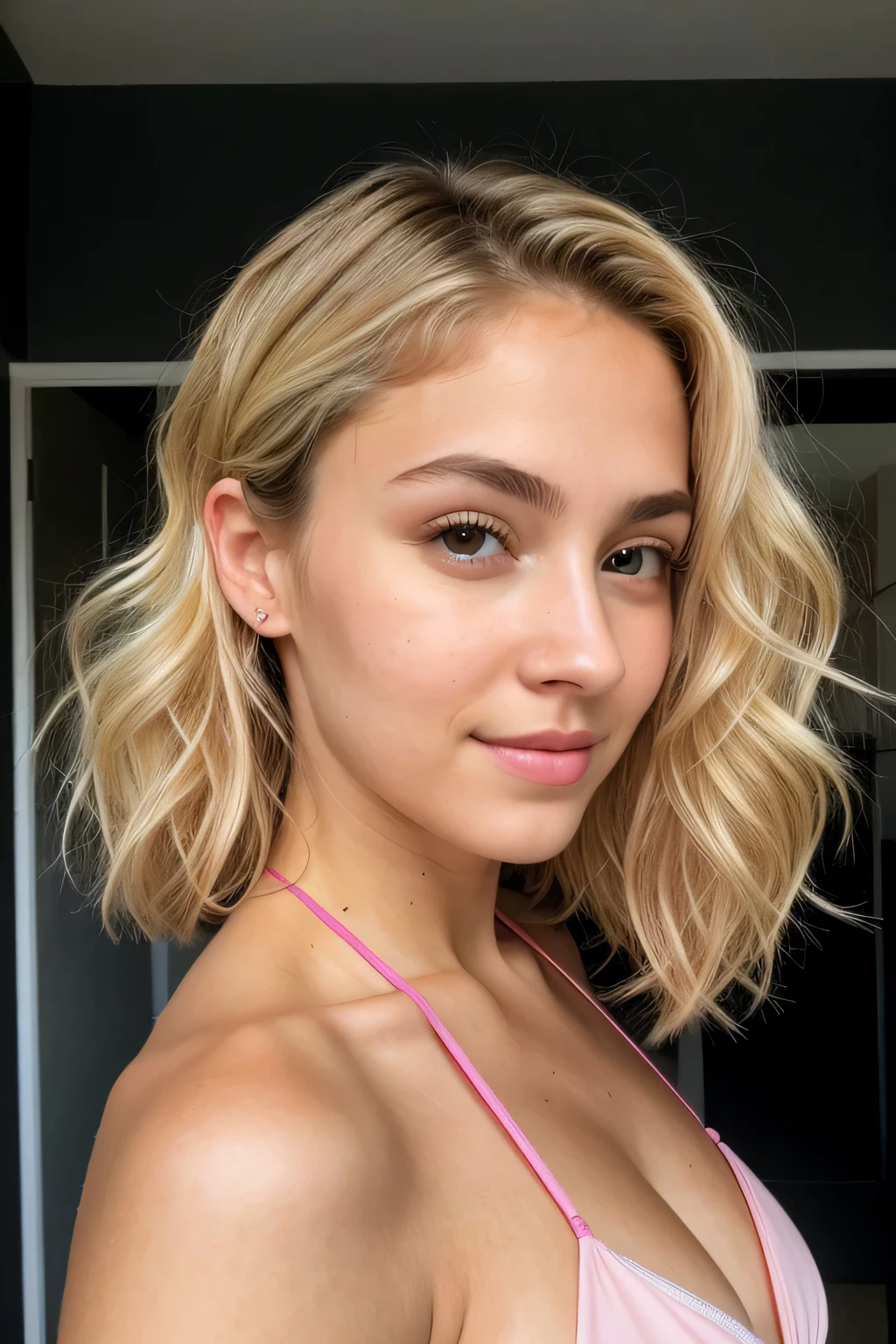 8k, ultra fine detailed hd, passport photo, portait photo, 1woman 24 years old light blonde curly hair tied, hair tied from back, ultra hd, detailed skin, porous skin texture, stunning beautiful face, realistic face, imperfect nose, sharpness:1.3, looking into camera, deep eye details, sharp, canon, f:1.4, hazel eyes, white skin wearing pink color bikini