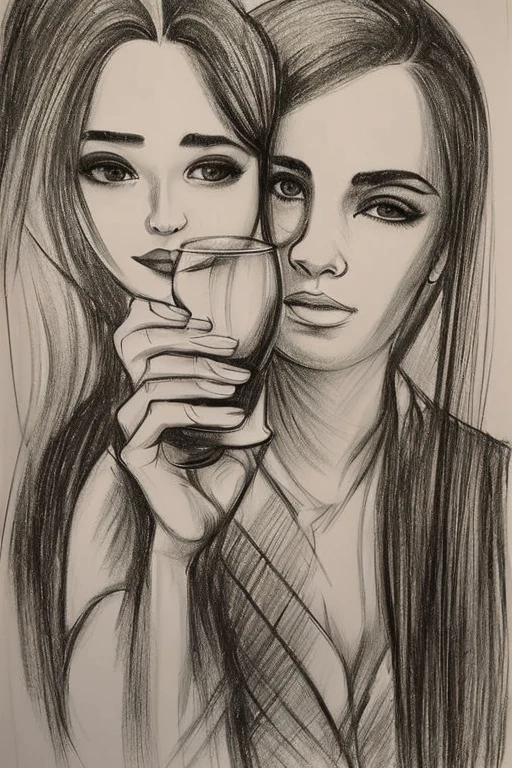drawing made with 6B and HB pencils, Desenho Profissional, professional sketch , arafed couple holding wine glasses in front of a wall, retrato de casal, retrato de casal, retrato de duas pessoas, rostos completos, retrato grande angular, retrato, Sigma 85/1.2 retrato, por Alexander Fedosav, Tiro com Sigma F / 4. 2, Tiro com Sigma F/ 4.2, Retrato de 50mm, retrato detalhado