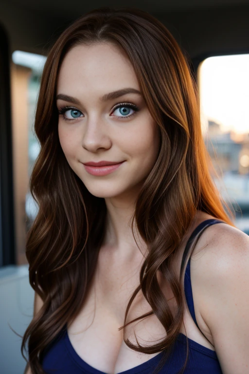 (upper body portrait), forehead, teen, youthful, teenager, flirty smile, detailed eyes, blue eyes, no_makeup, long eyelashes, freckles, perky breasts, ((dark hair)), super long hair, wavy hair, looking at viewer, natural lighting, natural features, centerfold, fake lips, huge lips, lip fillers, lacey bra, tanktop, realism, girl, russian, (pale), solid background, huge breasts, busty