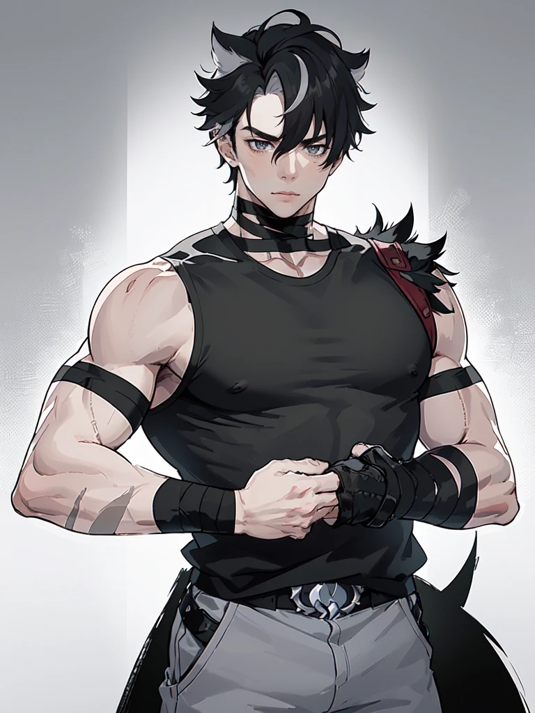 young muscular man with scars on his arms (scars) (handsome man). black hair and short, very spiked and straight. small and gray eyes. dressed in a black sleeveless shirt, with black bandages on his arms and hands and black pants (masterpiece), (best quality), (ultra detailed), (illustration) (high saturation), (casual school background). wrestling. looking at viewer. struggling