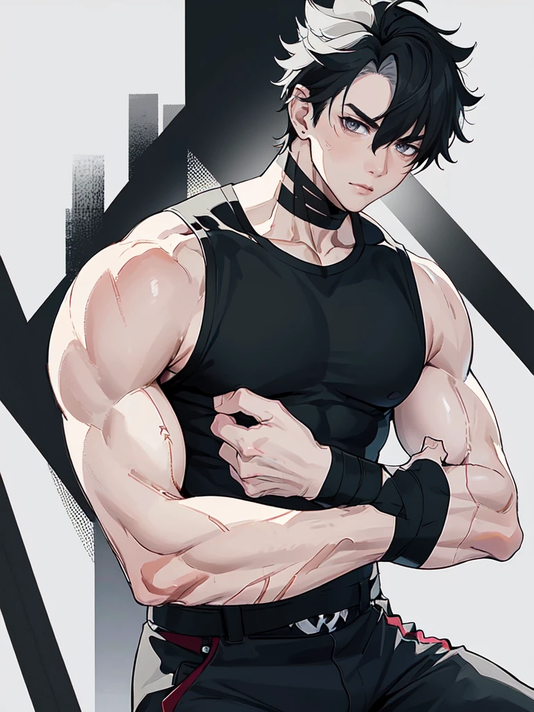 young muscular man with scars on his arms (scars) (handsome man). black hair and short, very spiked and straight. small and gray eyes. dressed in a black sleeveless shirt, with black bandages on his arms and hands and black pants (masterpiece), (best quality), (ultra detailed), (illustration) (high saturation), (casual school background). wrestling. looking at viewer. struggling