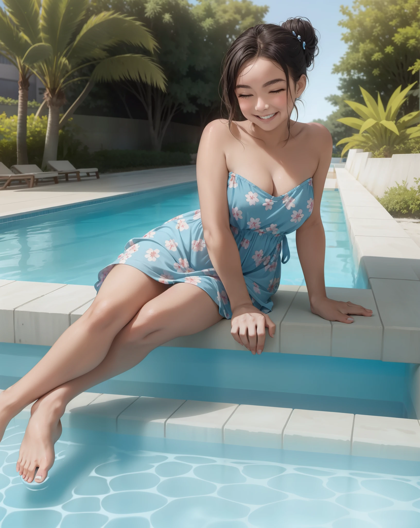 vacation, resort, A pair of flip-flops lie haphazardly on the pool deck, beside a beach bag overflowing with towels and magazines. a young adult woman with Salty hair pulled back in a messy bun, a few strands escaping to frame her laughing eyes. Well-worn paperback with a faded floral cover clutched in her hands. Pages turning with sun-stained fingertips. Simple sundress in a floral billowing in the warm breeze. Bare feet resting on the edge of the pool, sending ripples dancing across the turquoise surface. cutecore vaporwave style, semi-realism, detailed skin | She is adopting a ((dynamic_pose as interacts, boldly leaning on a structure, leaning back in a exciting way):1.3), ((perfect_pose)), ((perfect_pose):1.5), (((full body))), ((perfect_fingers, better_hands, perfect_hands, perfect_legs)), ((perfect_fingers, better_hands, perfect_hands, perfect_legs):0.7), (((More_Detail)))