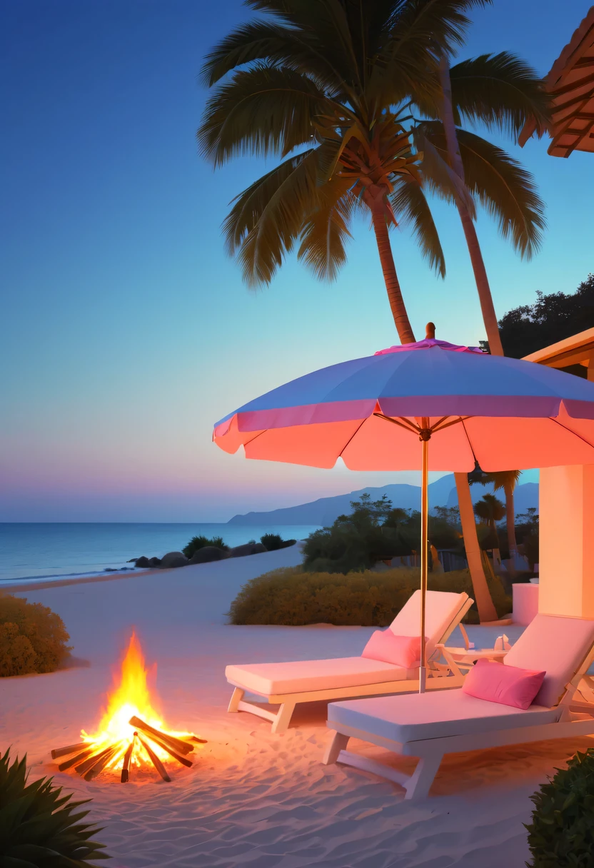 Dream Resort,pastel tones,Light style,Comfortable and calm,nature,warm and cozy,fluorescent beach,Gentle sunset,beautiful garden,stunning sea view,,Beach umbrellas,bonfire,