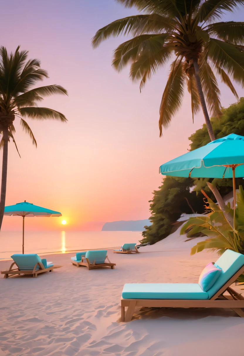 Dream Resort，pastel tones，Light style，Comfortable and calm，nature，warm and cozy，fluorescent beach，Gentle sunset，beautiful garden，stunning sea view，，Beach umbrellas，bonfire，