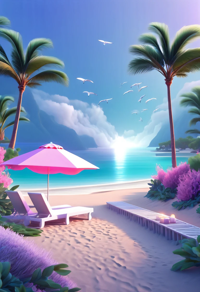 Dream Resort，pastel tones，Light style，Comfortable and calm，nature，warm and cozy，fluorescent beach，Gentle sunset，beautiful garden，stunning sea view，Beach umbrellas，bonfire，