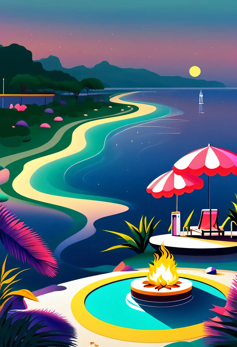 Dream Resort，pastel tones，Light style，Comfortable and calm，nature，warm and cozy，fluorescent beach，Gentle sunset，beautiful garden，stunning sea view，Beach umbrellas，bonfire，
